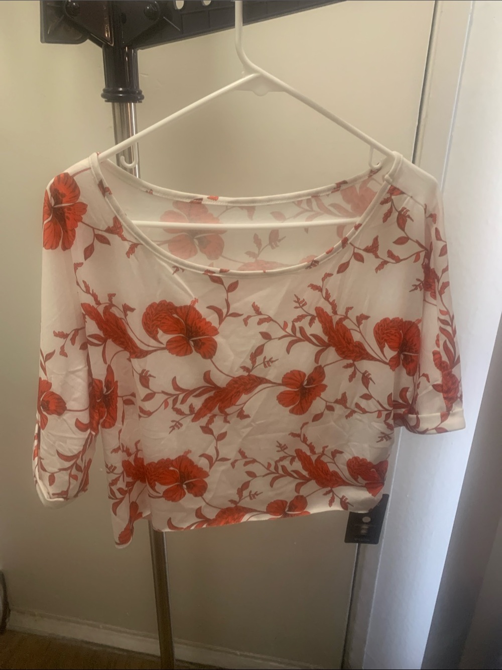 Women's White Crop Top with Red Floral Print